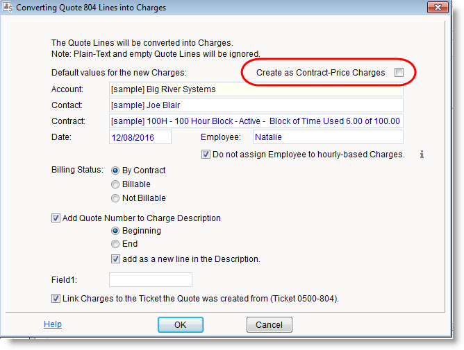 Convert quote to contract-price charges
