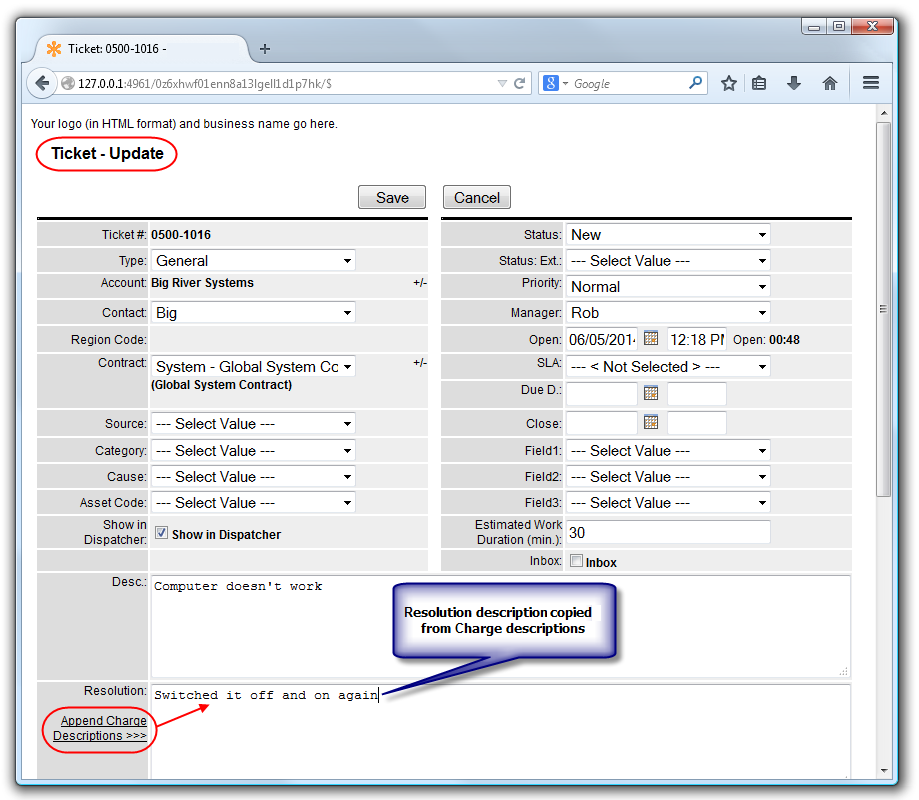 Web Interface add Charge description to Ticket Resolution