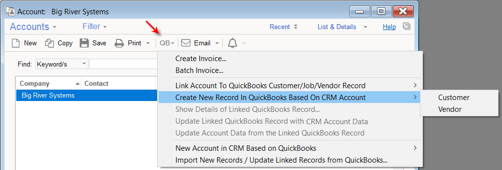New record in quickbooks based on account.png